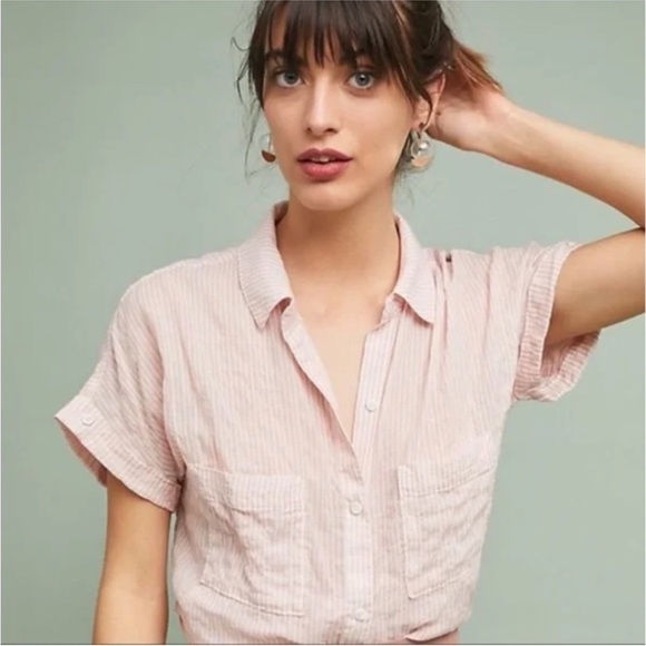 Anthropologie Cloth & Stone Pink & White Shear Button Down T-Shirt. Size Medium - Picture 8 of 8